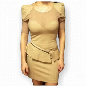 MACKAGE Tan Mesh Bandage Padded Shoulder Round  Neck Mini Bandage Dress Size 8